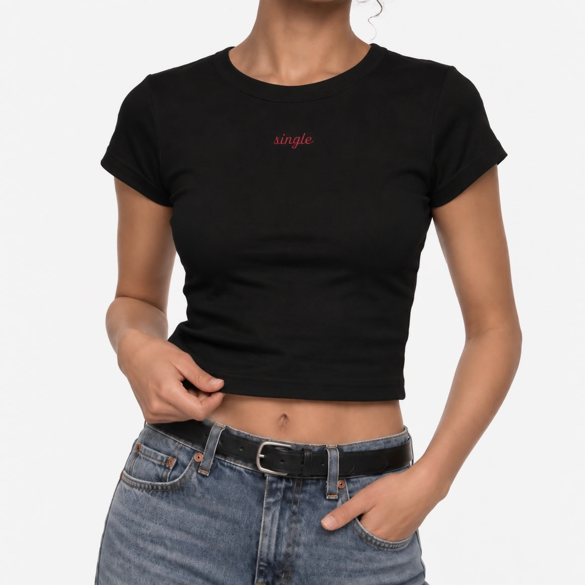 Black Single Embroidered Tee on model