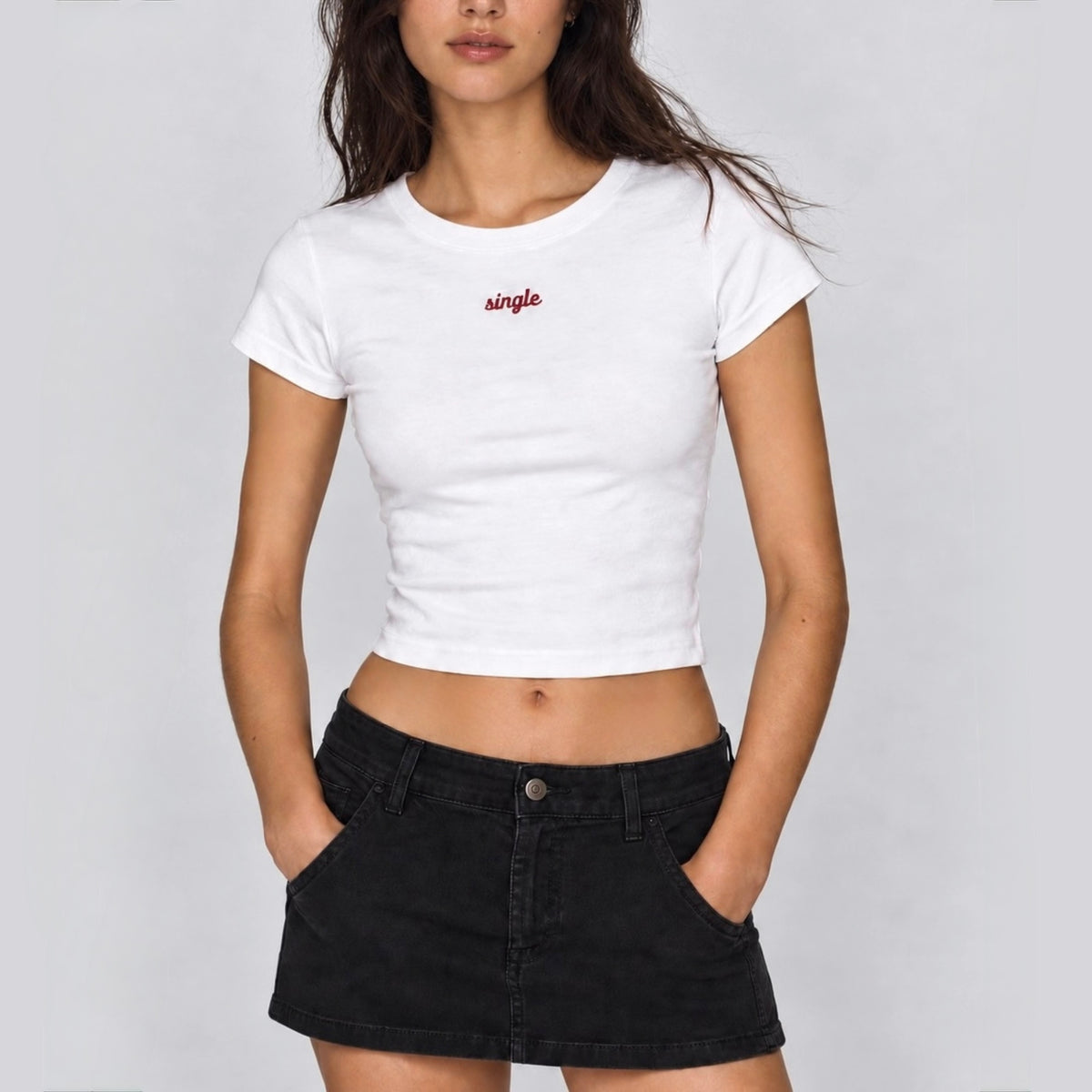 White Single Embroidered Tee on model
