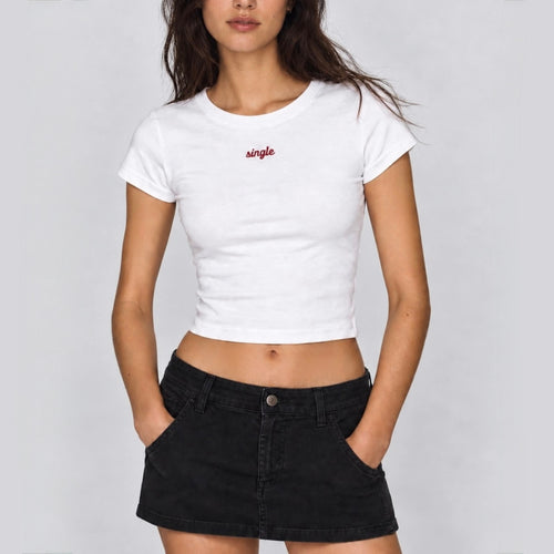 White Single Embroidered Tee on model